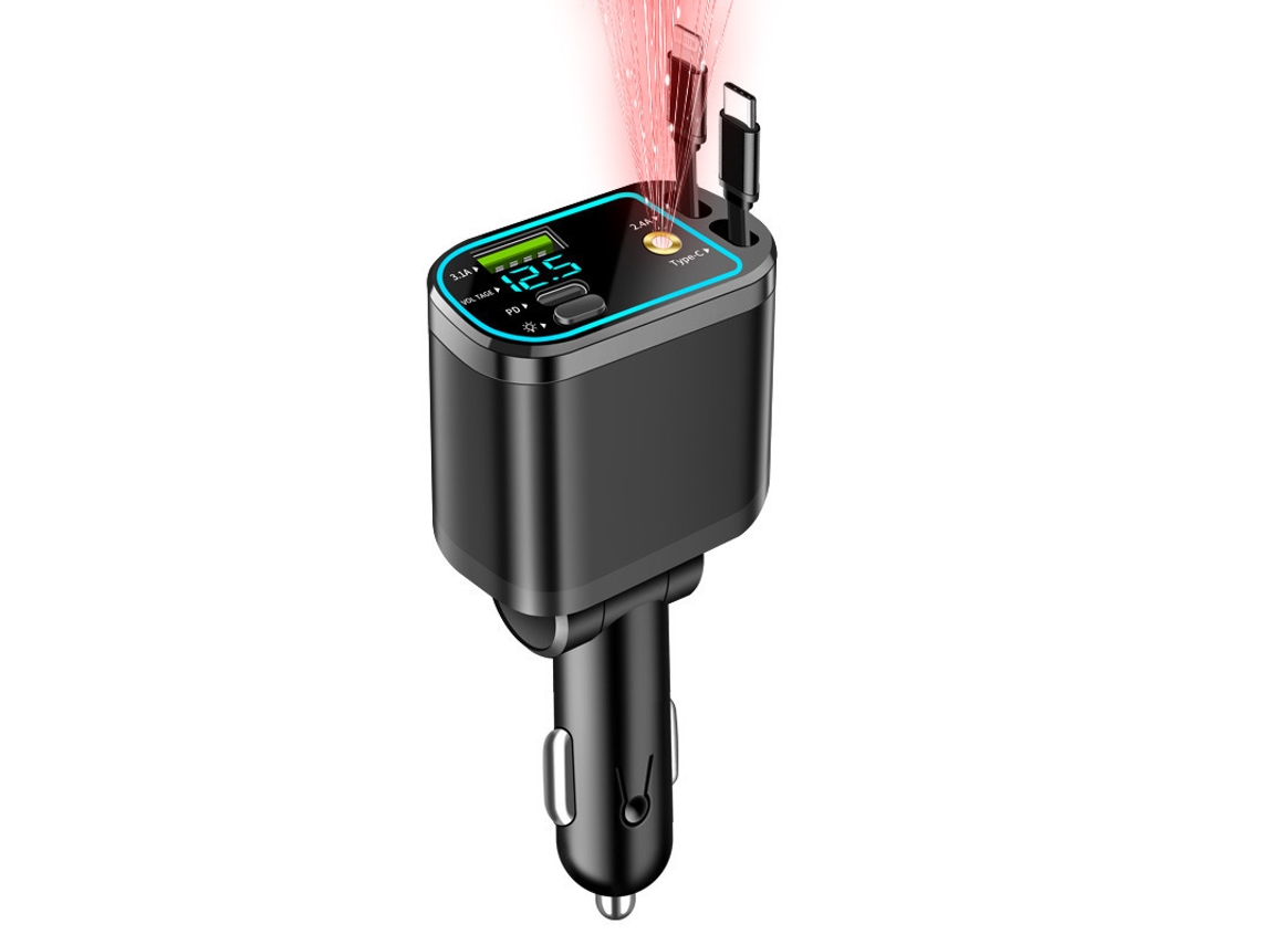 Carregador Isqueiro Visor Digital Cabos Retrateis Type C Lightning Usb A Pd