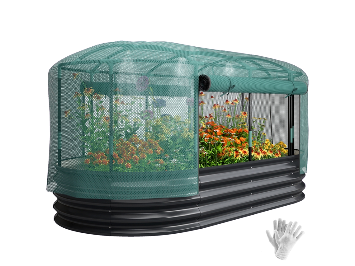 Horta Elevada com Gaiola, Aço Galvanizado (cinza e Verde, 180x90x93 Cm)