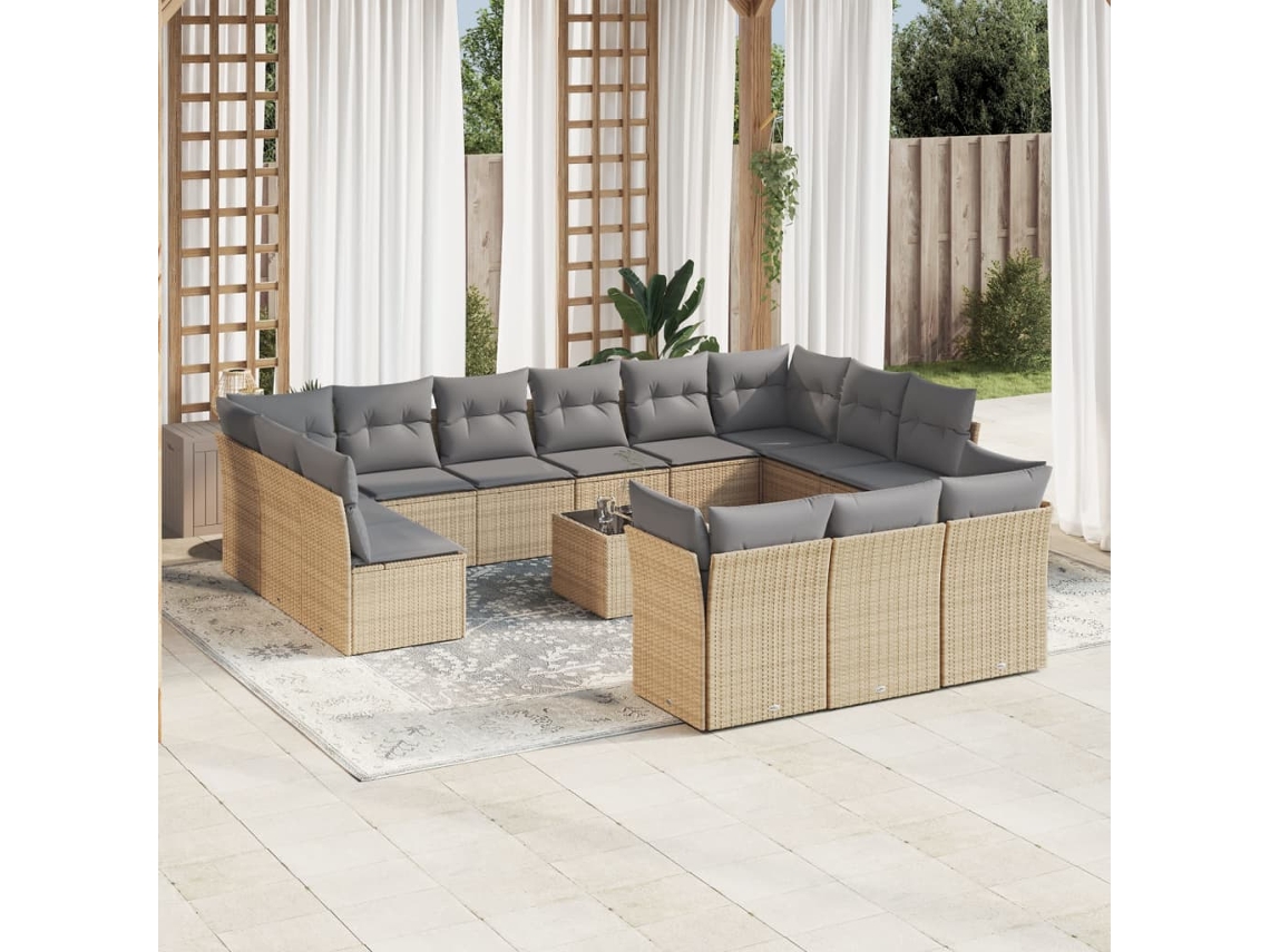 Vidaxl 14 Pcs Conjunto De Sofás P/ Jardim Com Almofadões Vime Pe Bege
