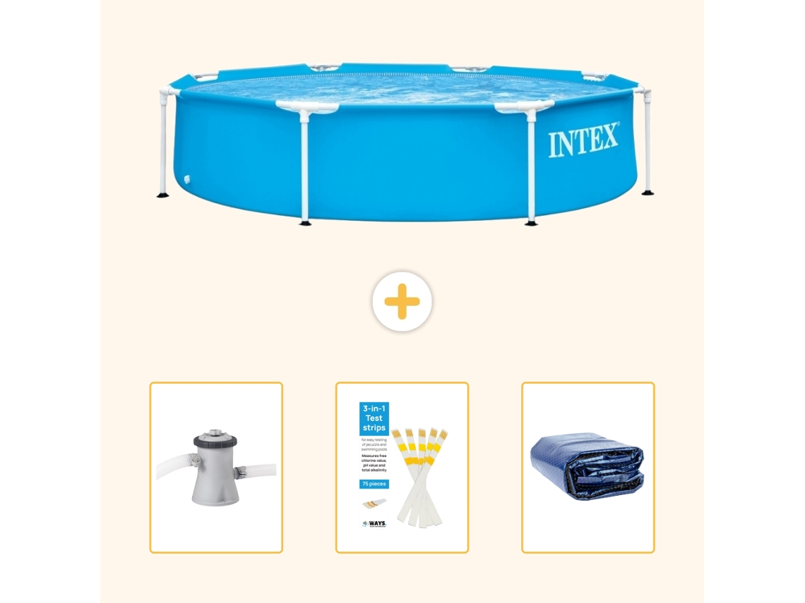Piscina INTEX Moldura Redonda 244 X 51 Cm Azul Incluída Bomba de Filtro de Piscina Tiras de Teste Vela Solar