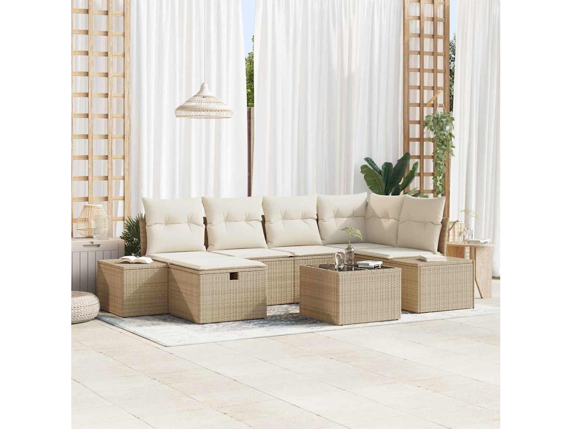 Vidaxl Conjunto De Sofá De Jardim Com Almofada 7 Pcs Bege Vime Pe