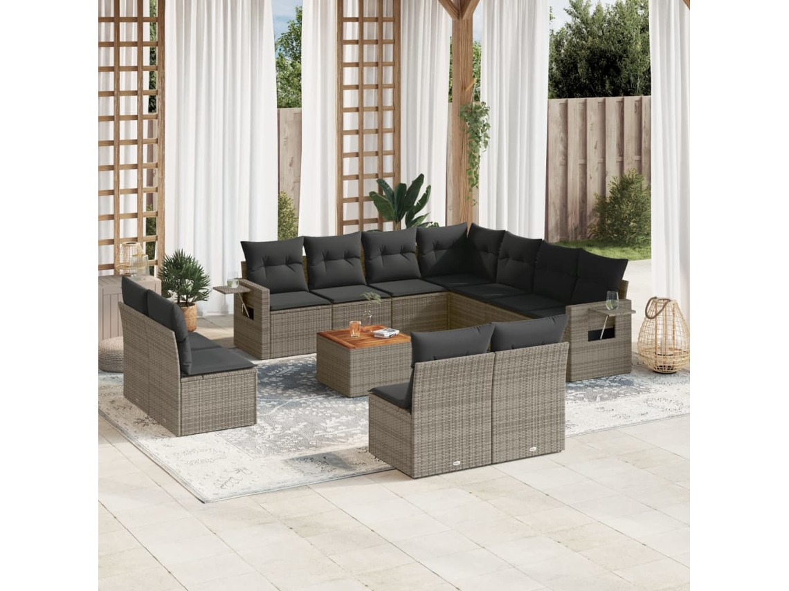 Vidaxl 12 Pcs Conjunto De Sofás Jardim C/ Almofadões Vime Pe Cinzento