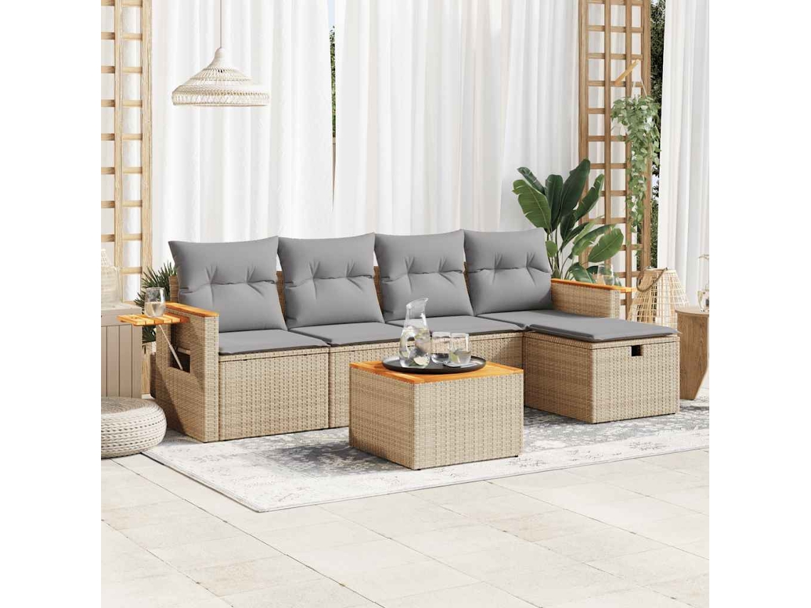 Vidaxl 6 Pcs Conjunto De Sofás P/ Jardim Com Almofadões Vime Pe Bege