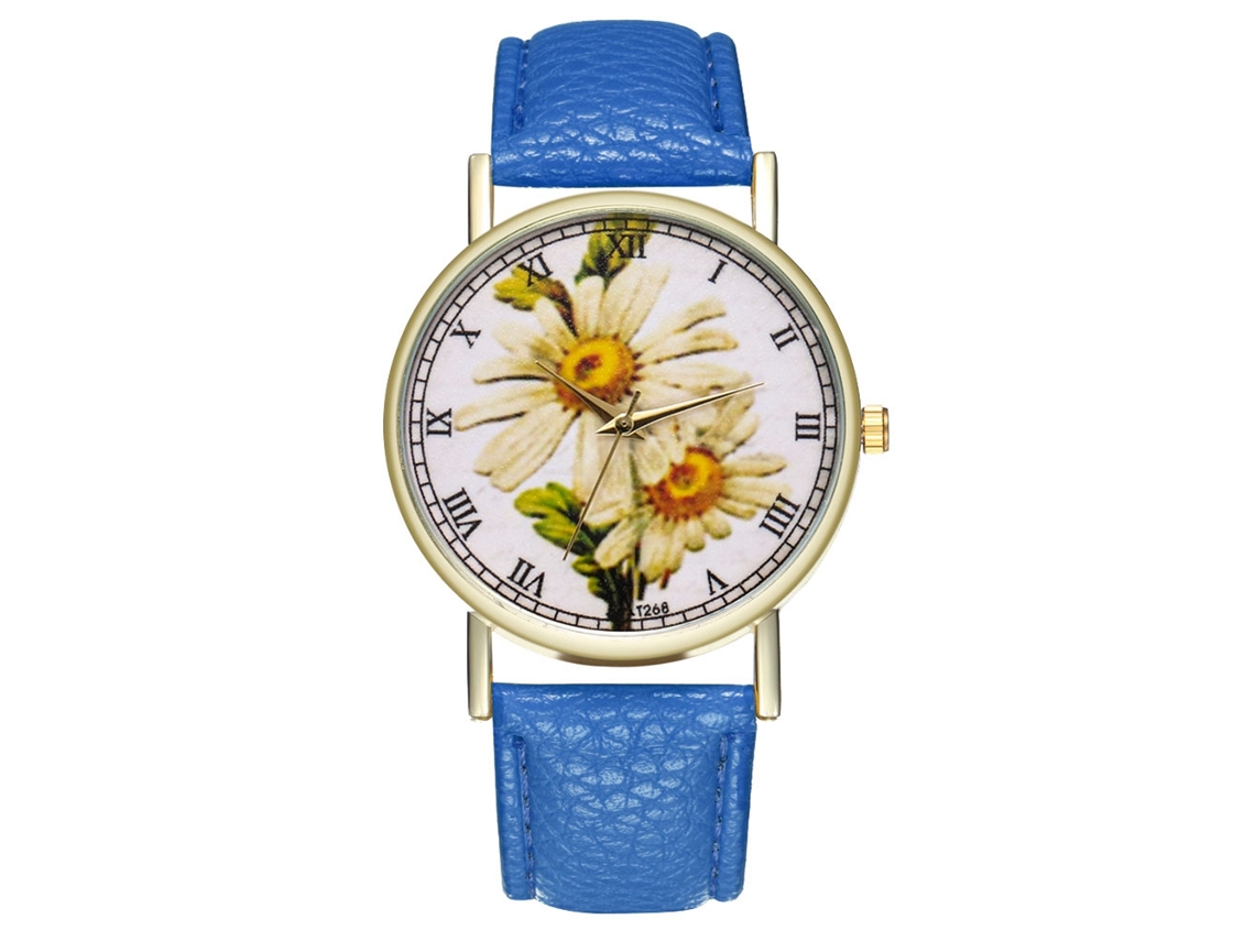 Relógio de Pulso Marguerite de Quartzo Elegante com Pulseira de Couro Royal Blue