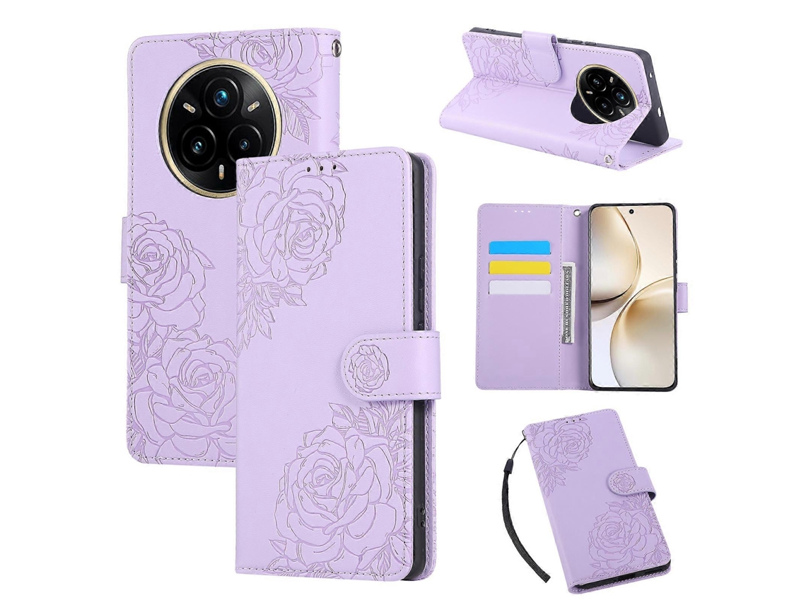 Capa Tipo Carteira De Couro Sintético Com Flor Rosa Para Realme 14 Pro 5g, Com 3 Compartimentos Para Cartão E Pulseira Roxa Clara