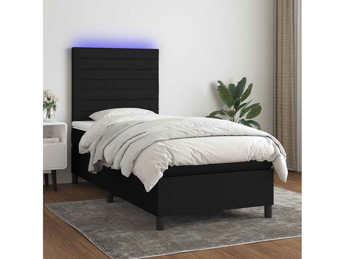 Vidaxl Cama Box Spring C/ Colchão E Led 90x200 Cm Tecido Preto