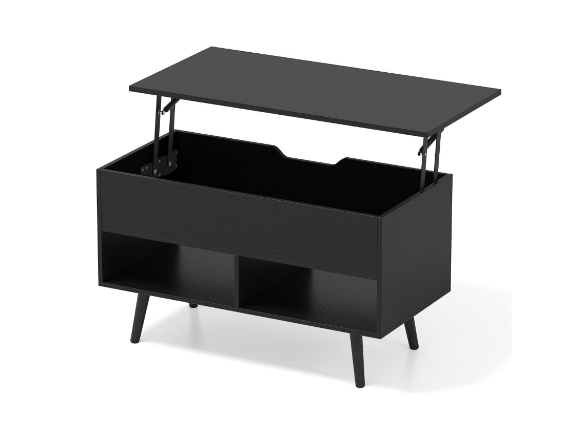 Mesa de centro com almofada elevatória, espaço de armazenamento oculto e 2 prateleiras, Preta