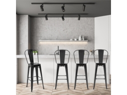 Conjunto De 4 Bancos Altos Metal Com Encosto Alto E Apoio Para Os Pés Carga 120kg 44x49x116cm Preto
