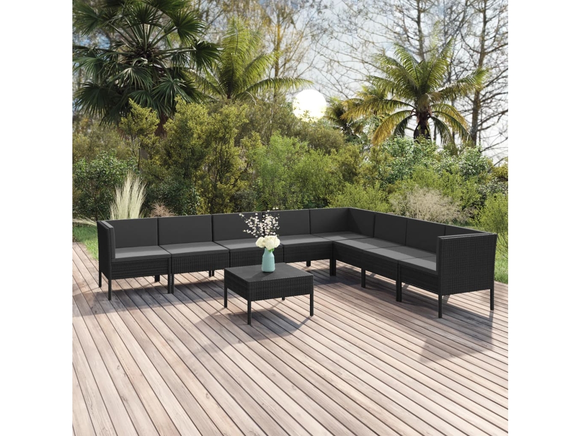 Vidaxl 9 Pcs Conjunto Lounge De Jardim C/ Almofadões Vime Pe Preto
