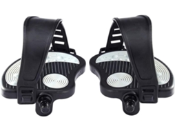 Par de pedais para bicicleta ergométrica com tiras fixas antiderrapantes. Eixo Lyx pequeno de 1/2" (diâmetro da rosca: 12 mm).