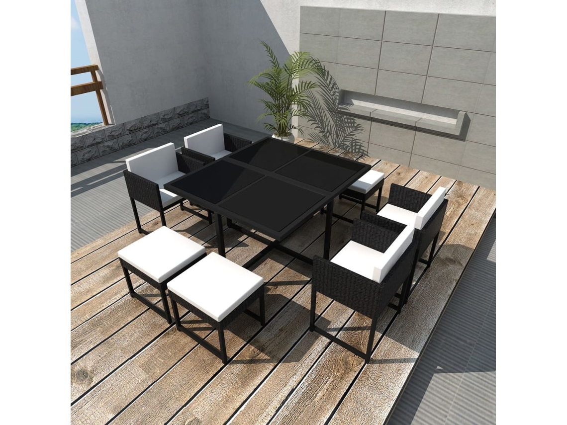Pcs Conjunto Jantar Exterior Com Almofadões Vime Pe Preto Dkd Home Decor