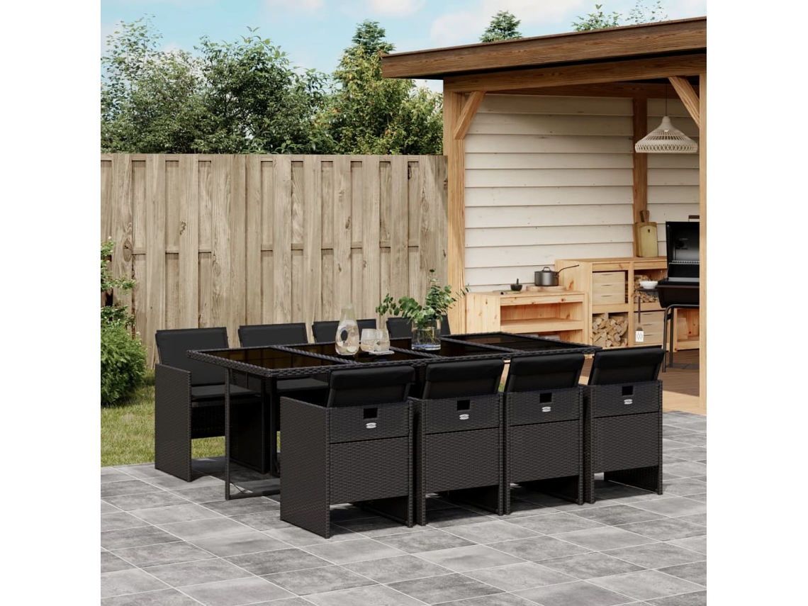 Vidaxl 9 Pcs Conjunto de Jantar P/ Jardim C/ Almofadões Vime Pe Preto
