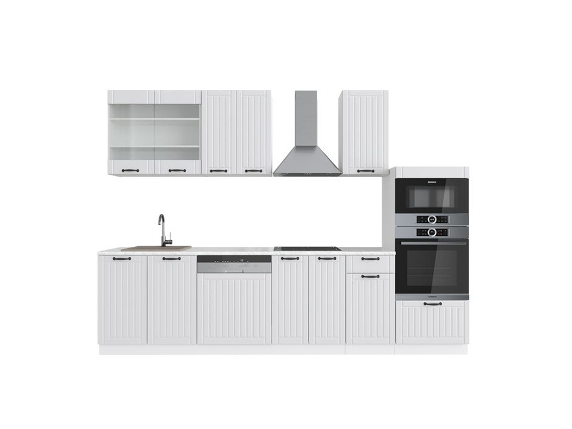 Cozinha Fame-Line, 300 cm com armário alto, PT Mármore, Country branco/branco, Vicco
