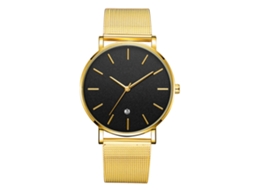 Relógio de pulso analógico de quartzo com mostrador redondo elegante (pulseira dourada, caixa dourada, vidro preto, ponteiros dourados)