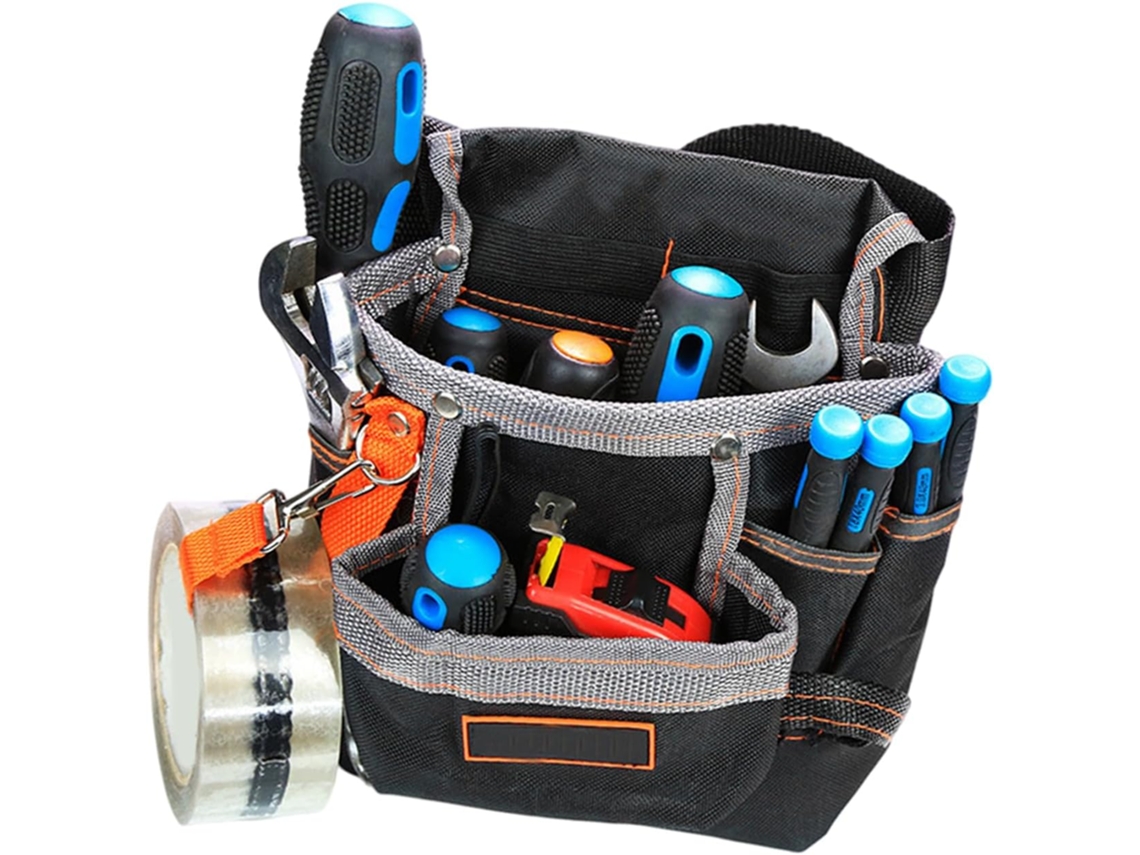 Cinto de ferramentas em tecido Oxford, com vários bolsos para organização eficiente das ferramentas e aumento da capacidade de armazenamento de dados.