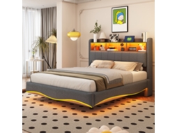 Cama Estofada Suspensa Linho 140x200 Led Usb-c Cinza