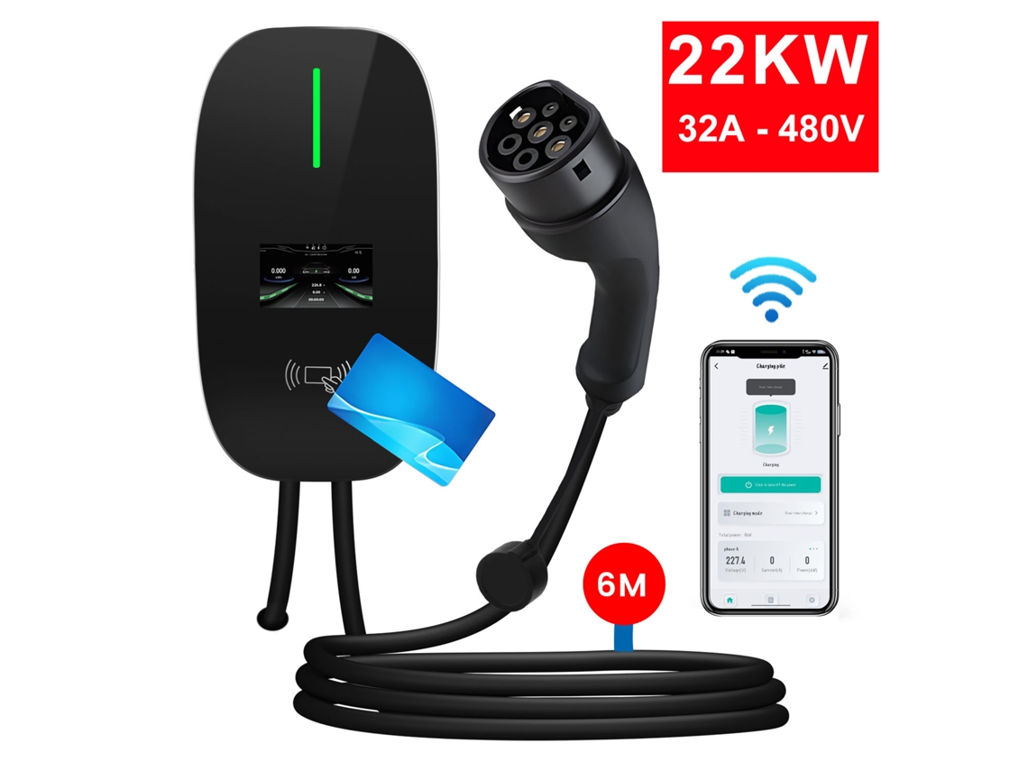 Carregador Ev 22kw Trifásico 32a 6 Metros App Nível 2 Impermeável Ip65 Compatível Com Todos Os Ve
