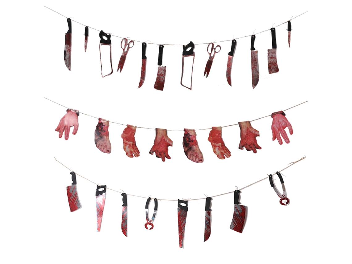 Mali 3pcs/set Bandeira Guirlanda Ferramentas e Partes Corporais Simuladas Manchadas de Sangue Decor Halloween