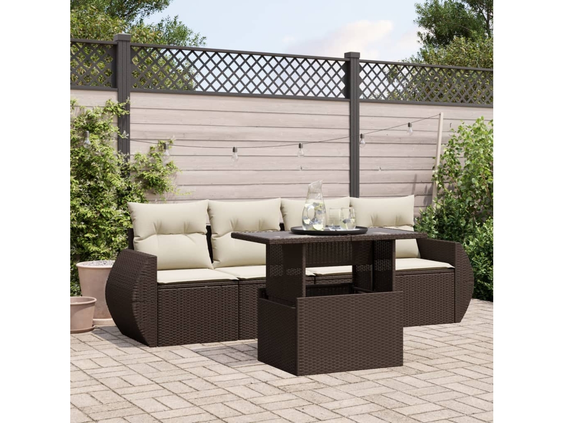 Vidaxl 5 Pcs Conjunto Sofás P/ Jardim C/ Almofadões Vime Pe Castanho