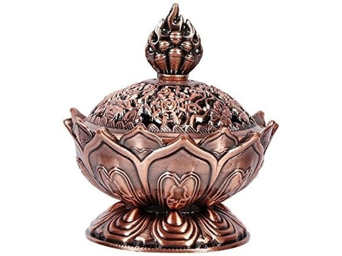 Incensário De Cerâmica No Estilo Chinês Com Desenho De Lótus E Decoração De Bronze Vermelho