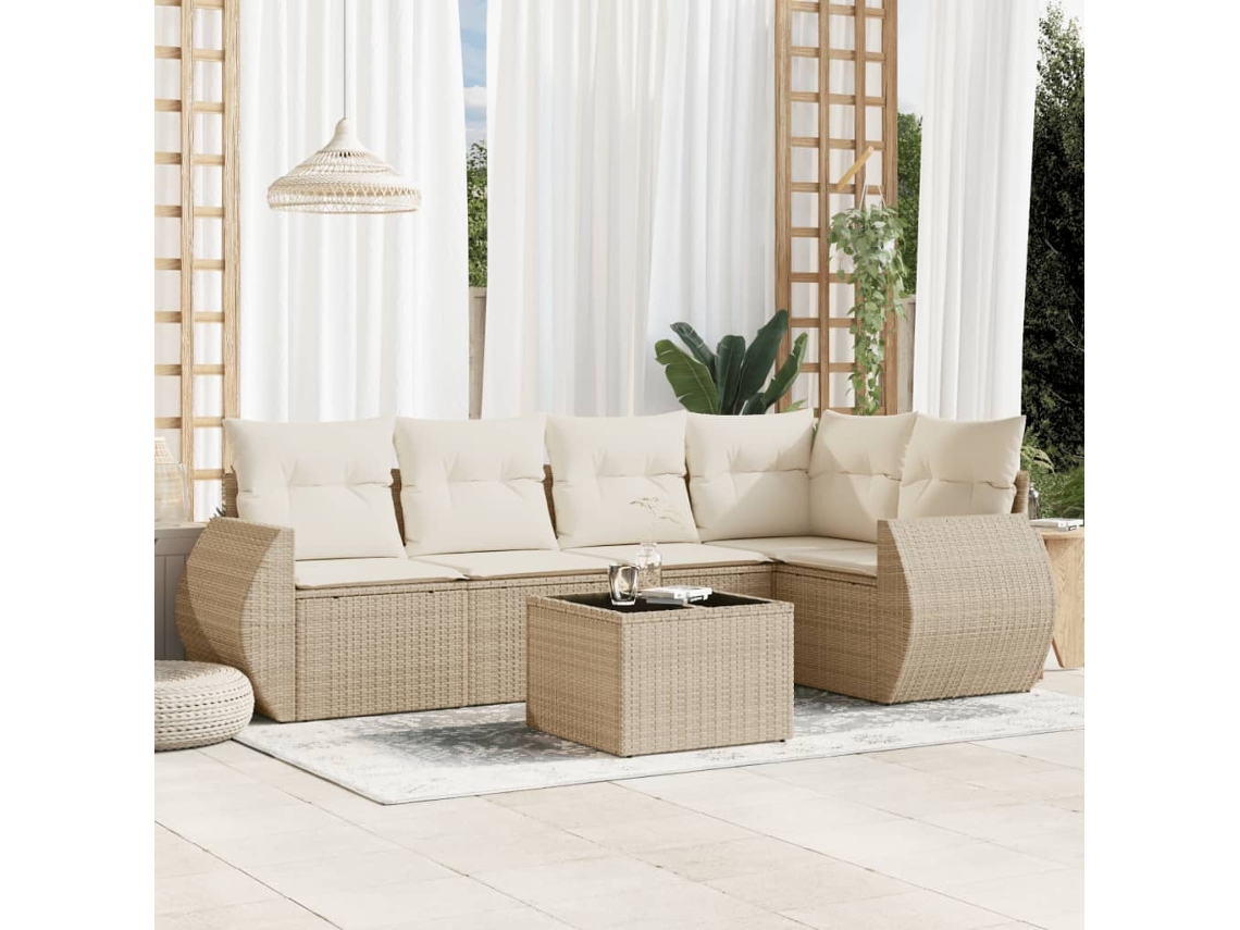 Vidaxl 6 Pcs Conjunto De Sofás P/ Jardim Com Almofadões Vime Pe Bege