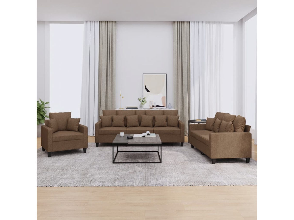 Vidaxl 3 Pcs Conjunto De Sofás Com Almofadas Tecido Castanho