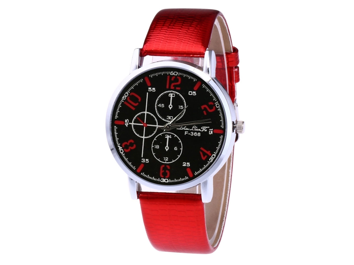 Relógio de quartzo unissex com pulseira de couro PU e mostrador de três mostradores (vermelho)