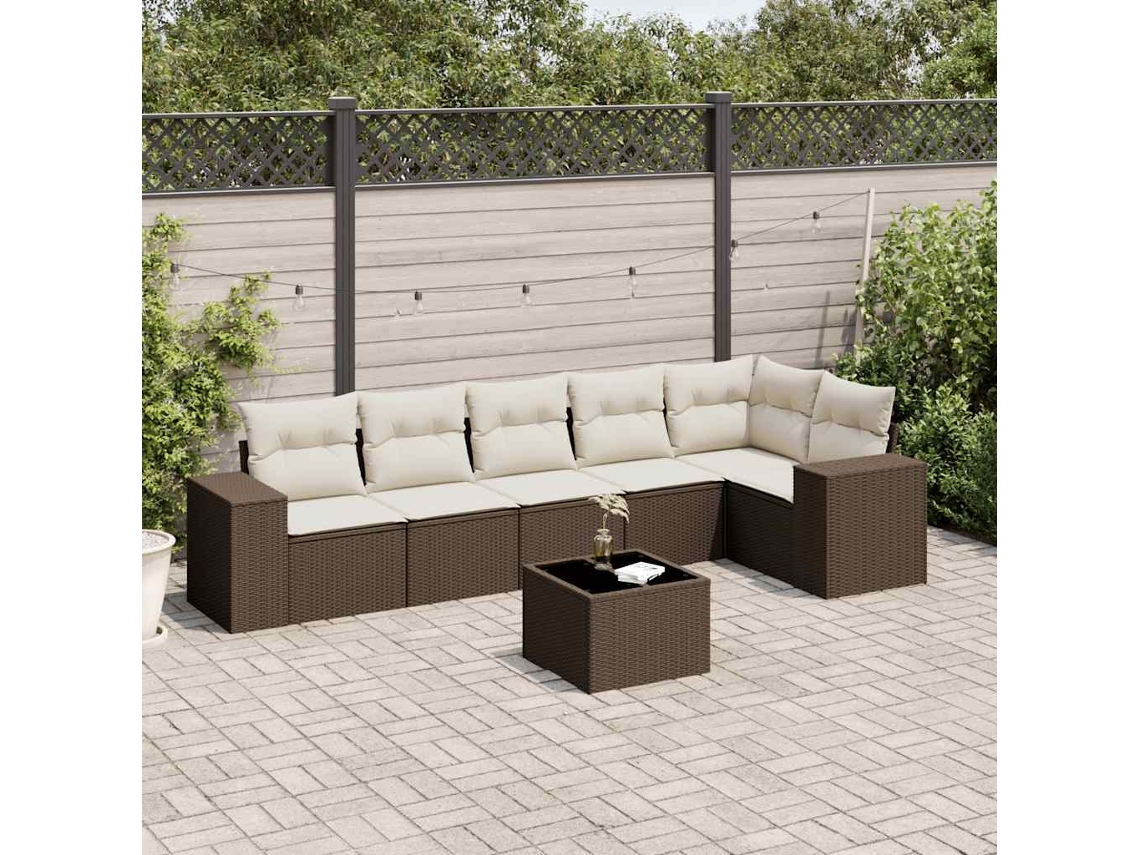 7 Pcs Conjunto De Sofá Jardim C/ Almofadões Vime Pe Marrom Dkd Home Decor