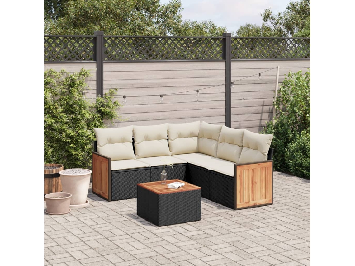 Vidaxl 6 Pcs Conjunto Sofás De Jardim C/ Almofadões Vime Pe Preto