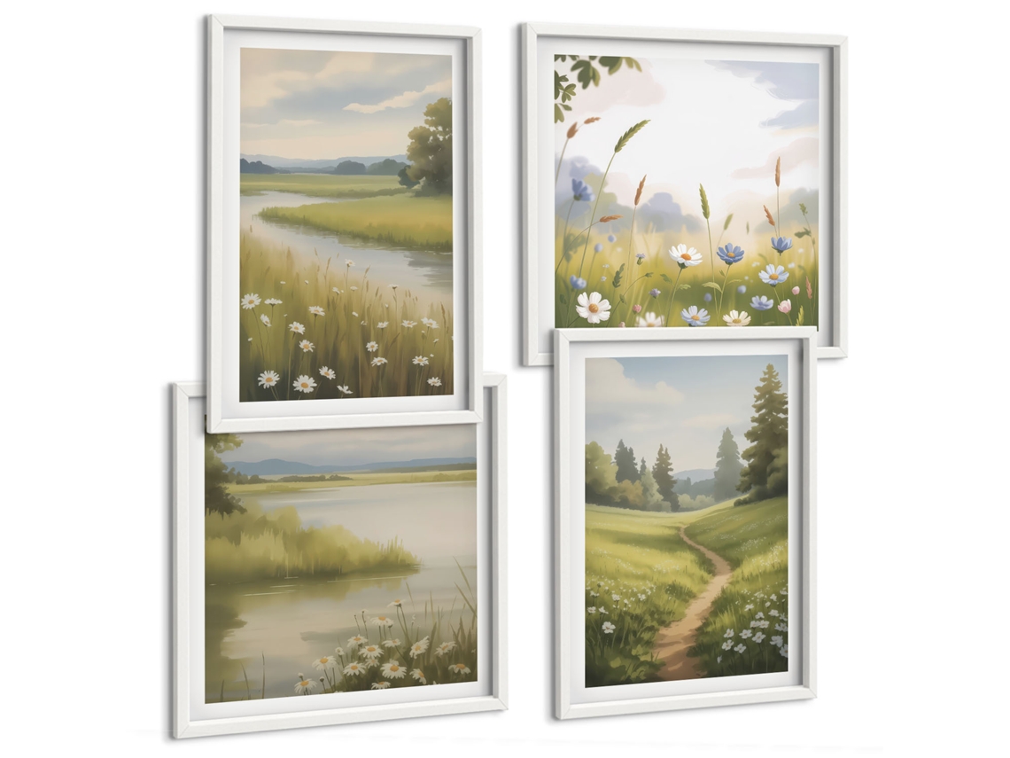 Galeria De Pinturas Murais Paisagem De Primavera, Rio E Prado Moldura Branca Quadros Para O Escritório Espelharte (conjunto De 4 Imagens)