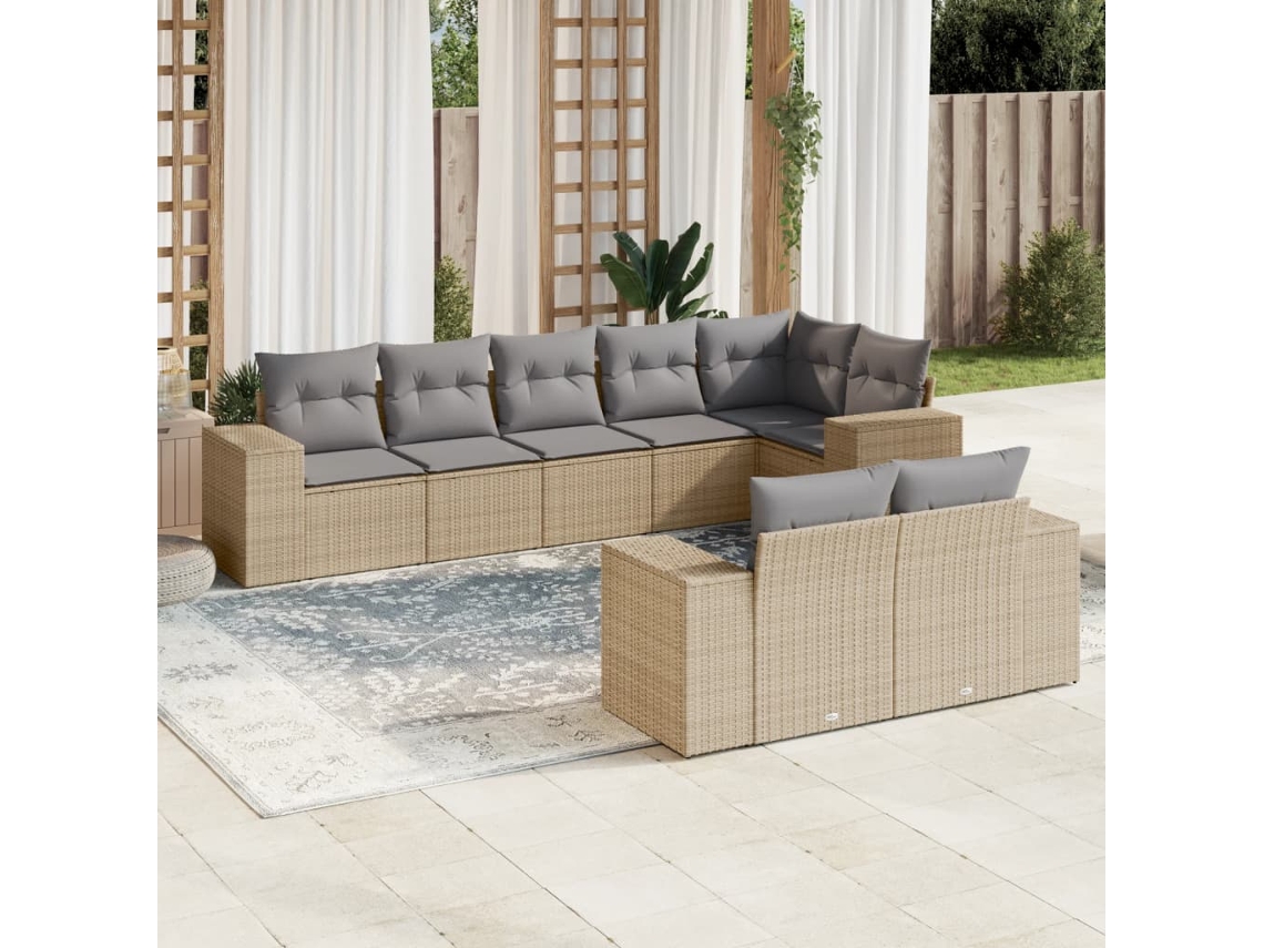 Vidaxl 8 Pcs Conjunto De Sofás P/ Jardim Com Almofadões Vime Pe Bege