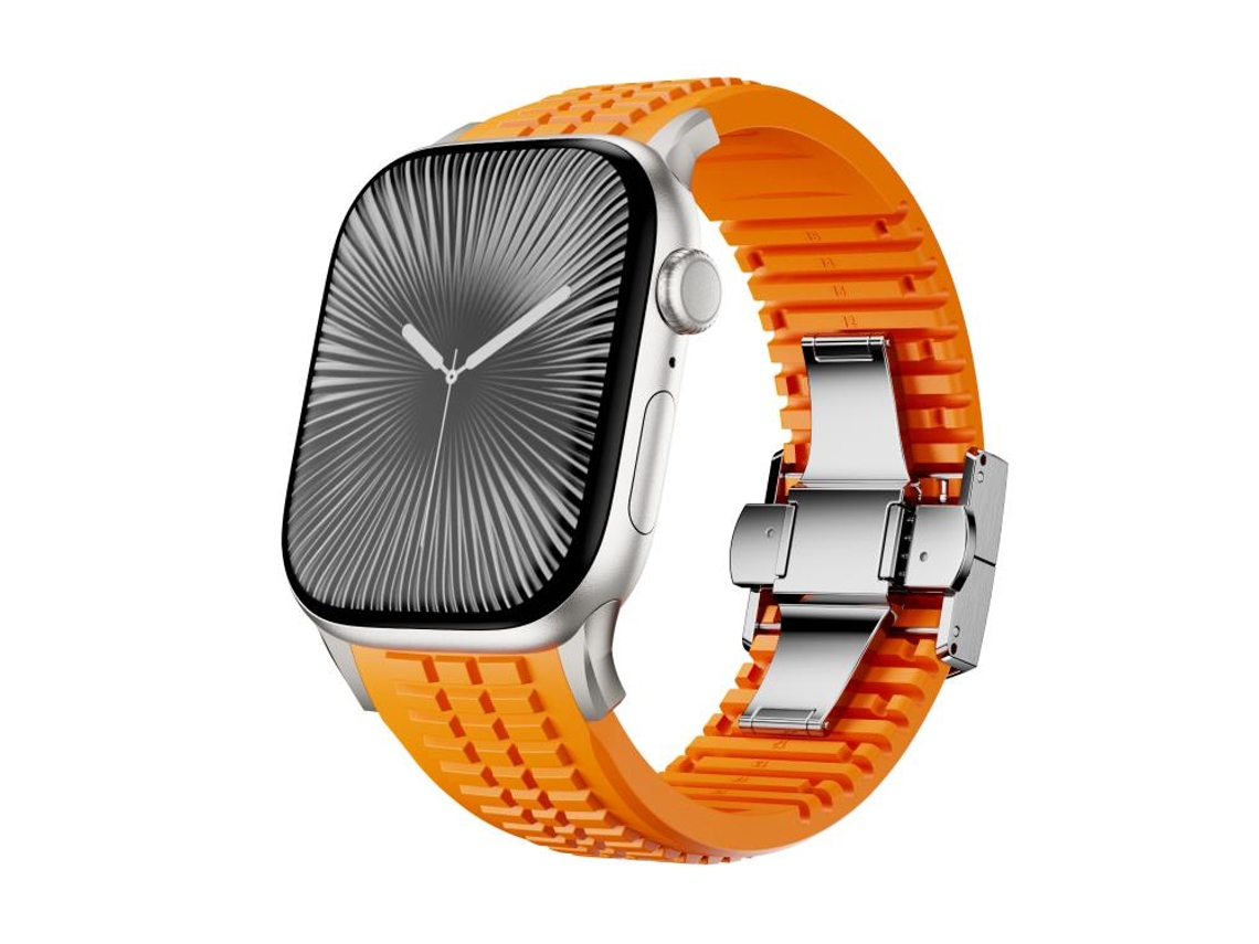 Bracelete Para Apple Watch 46/49/45/44mm - Silicone Com Fivela Dobrável E Textura Serrilhada Laranja Titânio