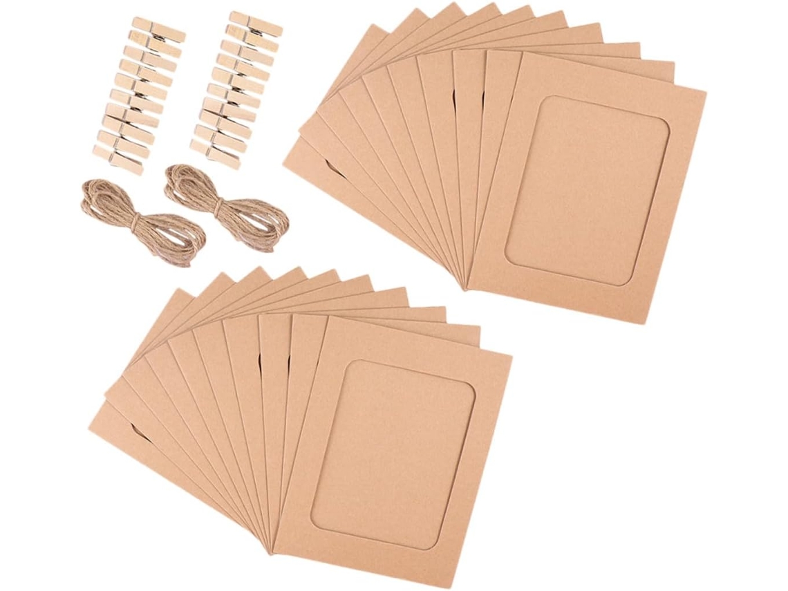 Conjunto 20 Porta Retratos Papelão Kraft 15 Prendedores Madeira Barbante Ideais Decoração Parede Exibição GOKOCO
