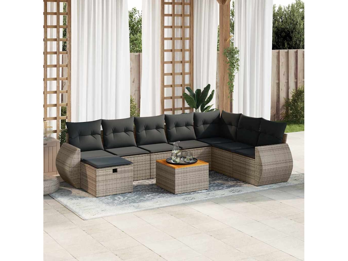 Vidaxl 9 Pcs Conjunto Sofás P/ Jardim Com Almofadões Vime Pe Cinzento