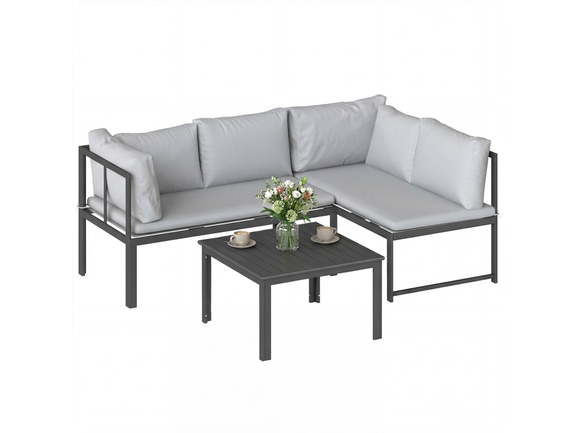 Conjunto Jardim 2 Sofás 2 Lugares Mesa Centro Almofadas Cinzento