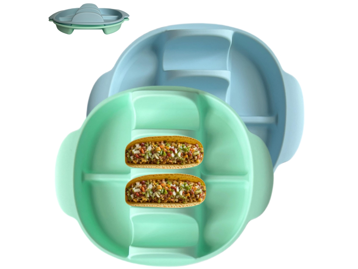 Conjunto 2 Pratos Para Tortilhas - Reutilizável - Prato Com Divisória - Compatível Com Micro-ondas E Máquina De Lavar Loiça - Silicone - Verde/azul