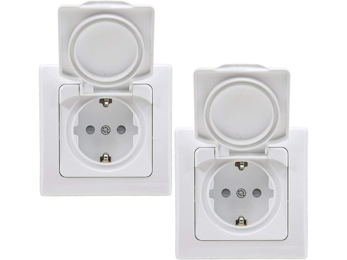 Tomadas Ip44 Com Tampa Articulada E Moldura 2 Tomadas De Embutir Com Contacto De Proteção, Para Áreas Húmidas E Exteriores, 230 V Branco Liptaptyn