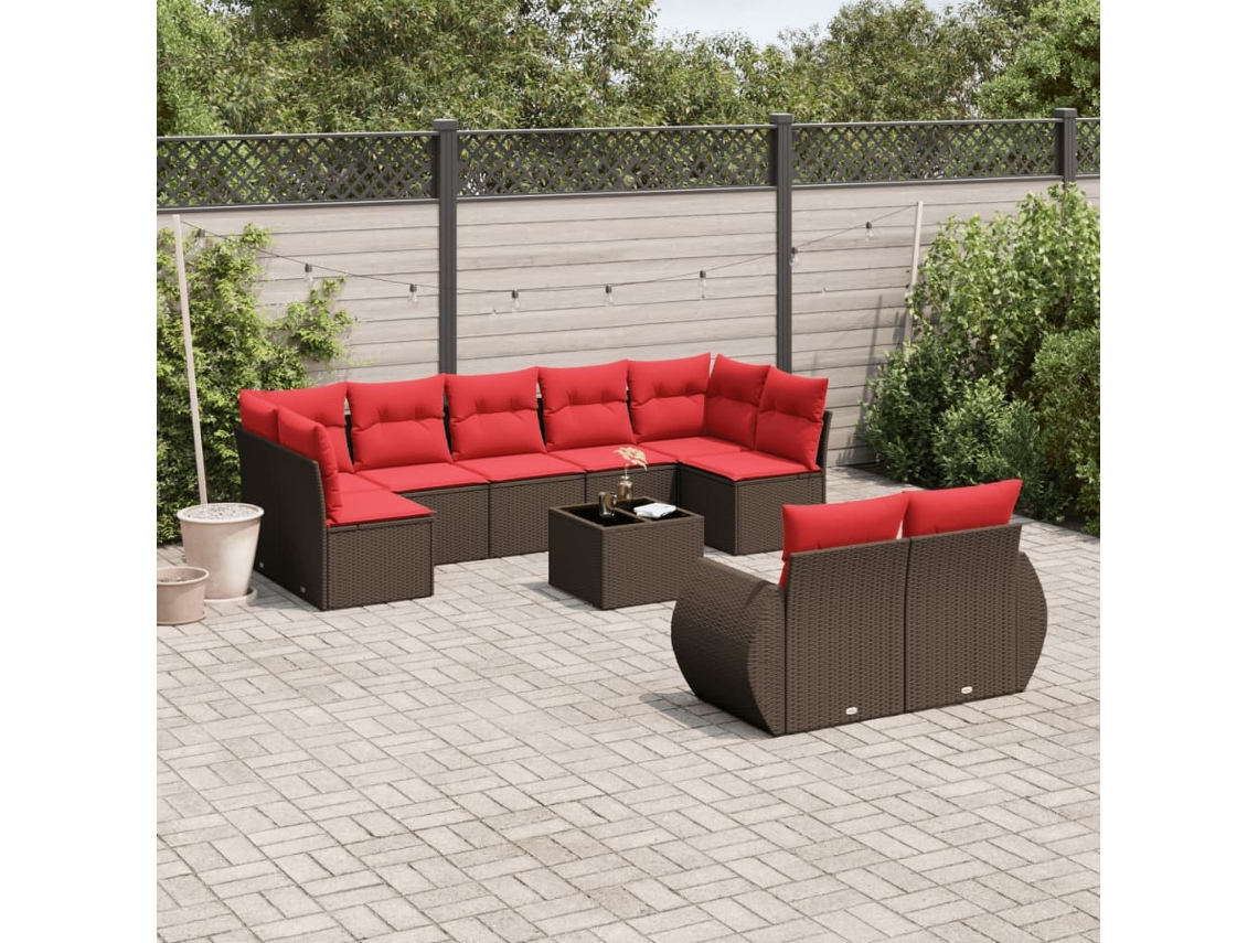Vidaxl Conjunto De Sofá De Jardim Com 10 Peças E Almofadas Em Rattan Sintético Marrom