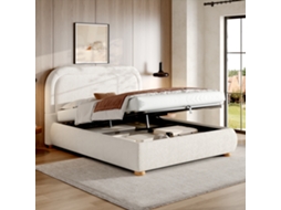 Cama Estofada Casal 160x200 Cm Branco Bouclé, Hidráulica Com Estrado, Cabeceira E Grande Armazenamento