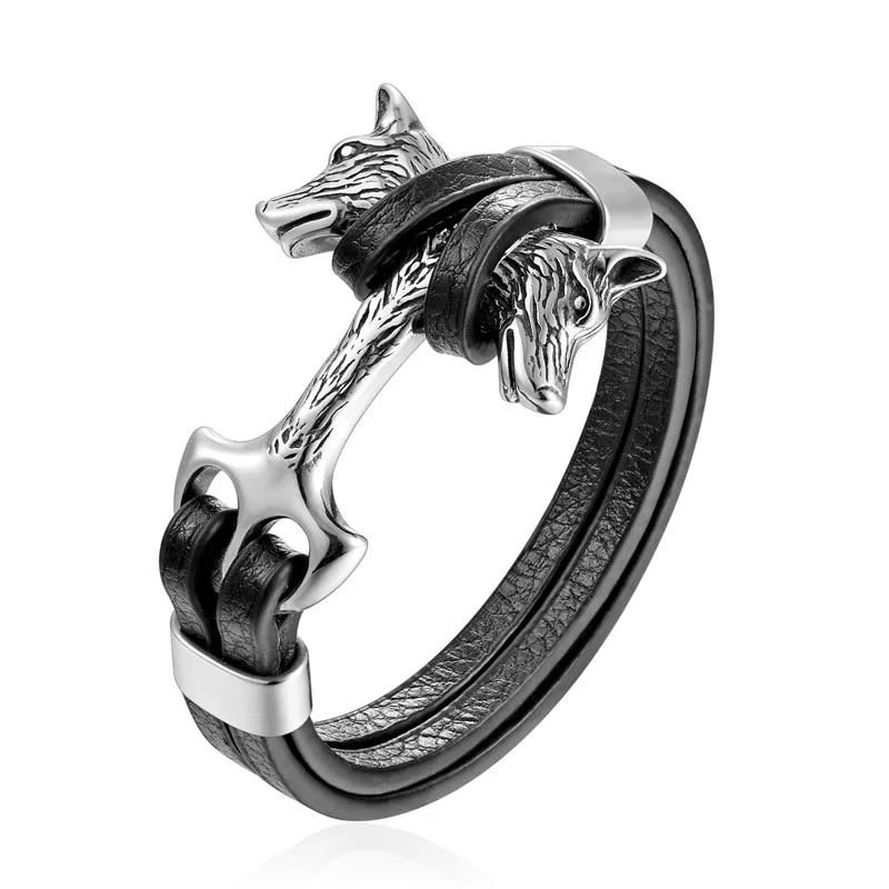 Pulseira Masculina em Couro Genuíno com Pingente de Âncora e Fecho em Aço Inoxidável. MDUG