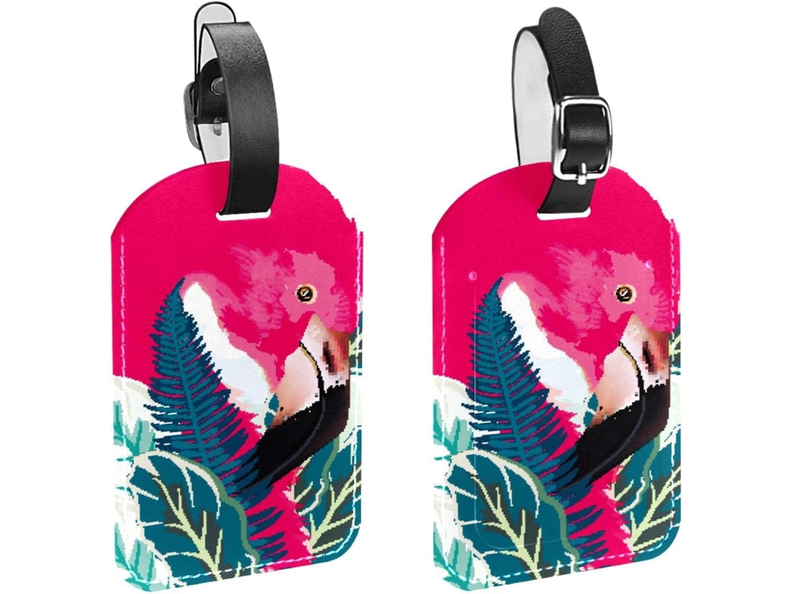 Conjunto De 2 Etiquetas Bagagem Em Imitação Couro Com Estampa Flamingo Rosa E Folha Vermelha