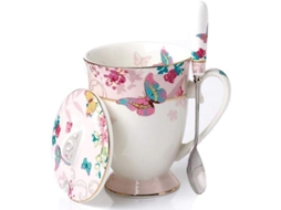 Taza De Porcelana Estilo Europeo Con Tapa Y Cuchara Patrón Mariposas 360ml Para Té Café Desayuno Hogar Cocina