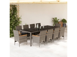 11 Pcs Conjunto Jantar Jardim C/ Almofadões Vime Pe/vidro Cinza Dkd Home Decor