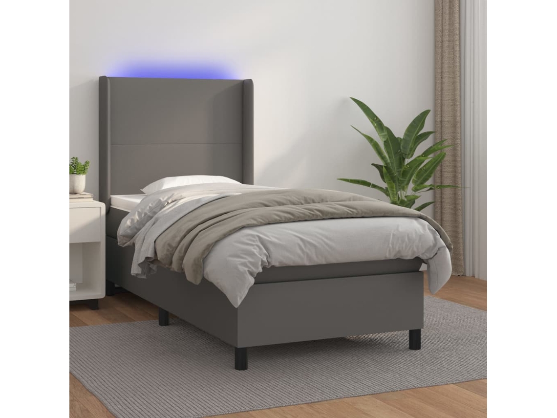 Vidaxl Cama Box Spring C/ Colchão/led 100x200cm Couro Artificial Cinza