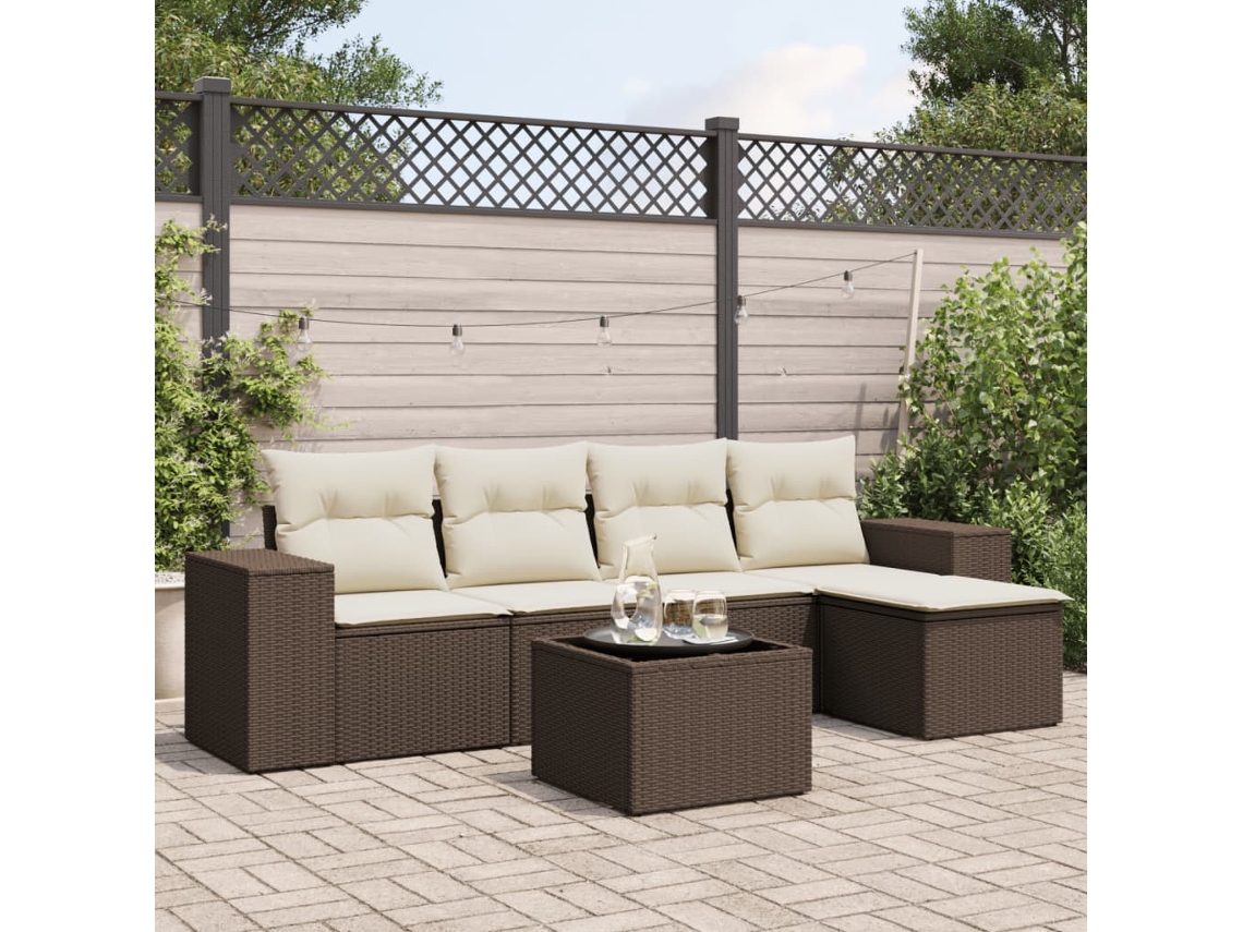 Vidaxl 6 Pcs Conjunto De Sofás Jardim C/ Almofadões Vime Pe Castanho