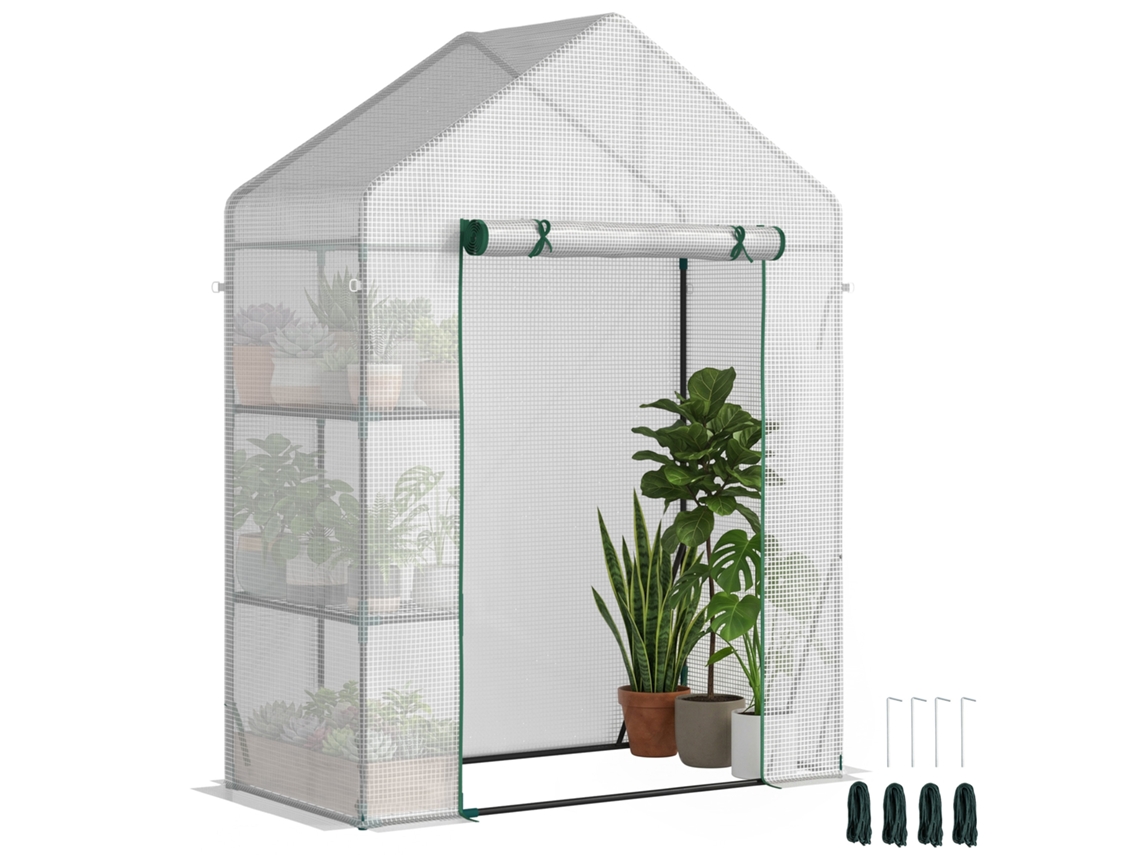Estufa Jardim ZENCORE SERVICES com 2 prateleiras, porta enrolável, 143x73x195cm, aço, branco
