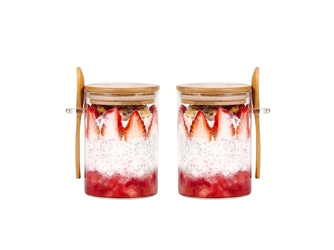 Conjunto de 2 copos de vidro com tampas e colheres, para papas ou saladas | STELASPLEN