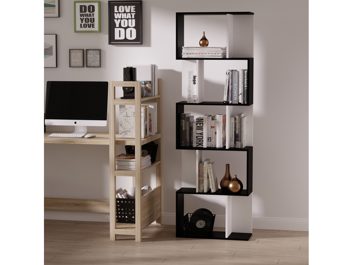 Biblioteca Móvel De Madeira Com 5 Prateleiras E Divisório, 60x24x184.5 Cm, Branco Preto