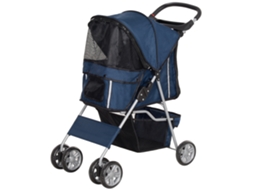 Carrinho De Passeio De Estimação E Gatos Dobrável Com Capô Ajustável Cesta De Armazenamento Suporte Para Copos E Travão 75x45x97 Cm Azul Escuro