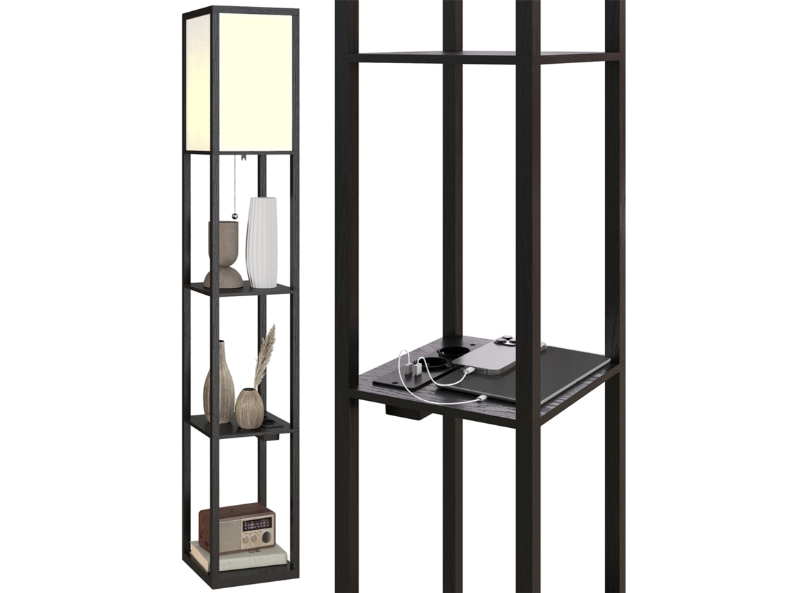 Luminária de Chão com Prateleiras,luz Ajustável,interruptor de Pé e Portas Usb preto BTFORUS